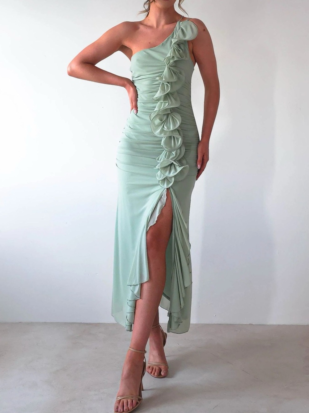 One-Shoulder Ruffle Slit Dress - Picture 2 of 12